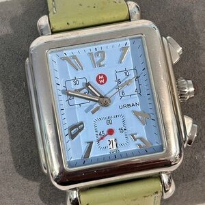 Michele Silver Watch with Light Green Strap